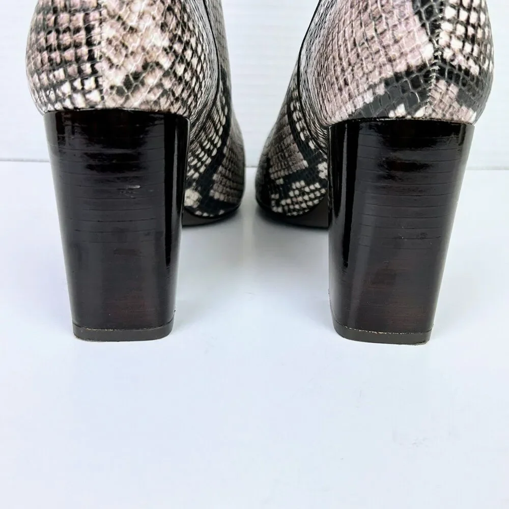 Tory Burch Devon Ankle Boots Cream Black Snake Print Leather High Heel Booties 9